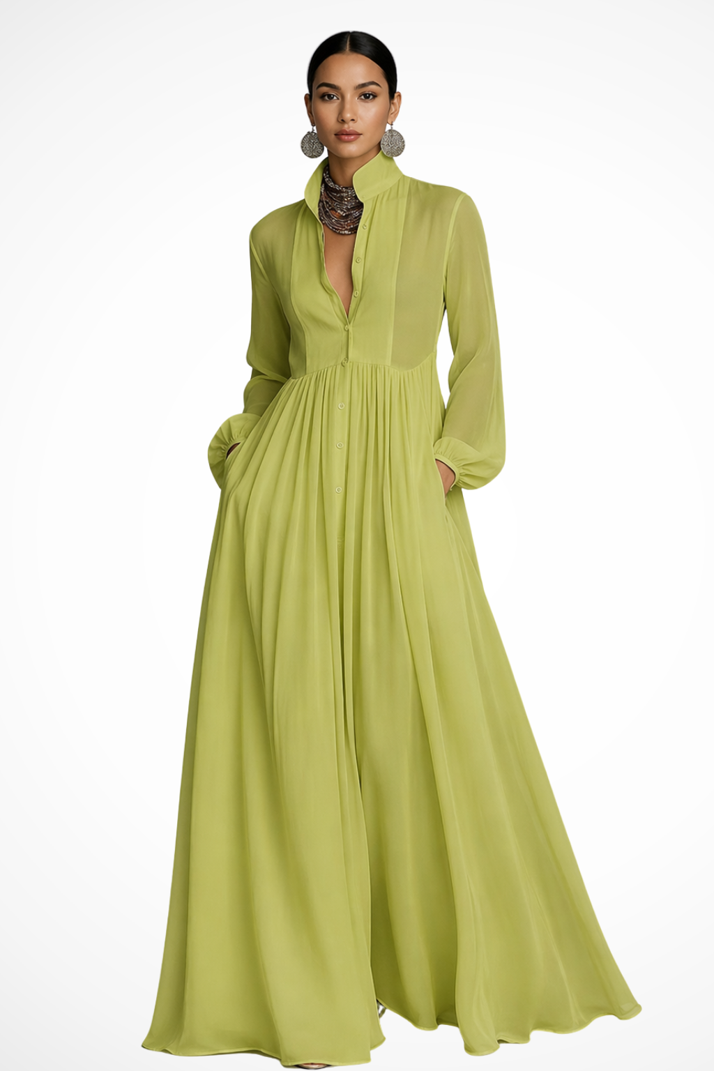 Robe Longue Femme Manches Longues Boutonnée avec Poches