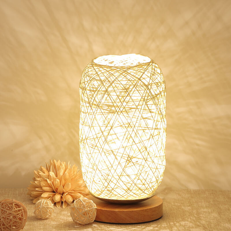 Lampe de Table en Rotin et Bois, Style Industriel Japandi