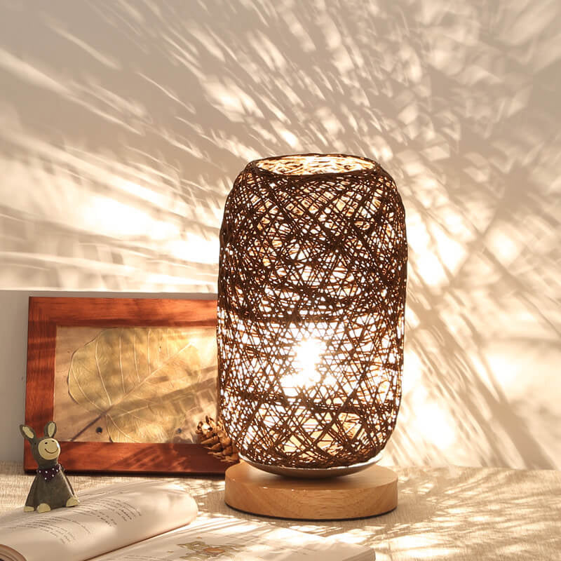 Lampe de Table en Rotin et Bois, Style Industriel Japandi