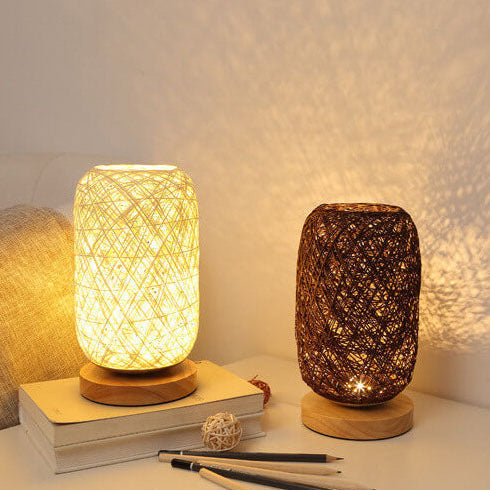 Lampe de Table en Rotin et Bois, Style Industriel Japandi