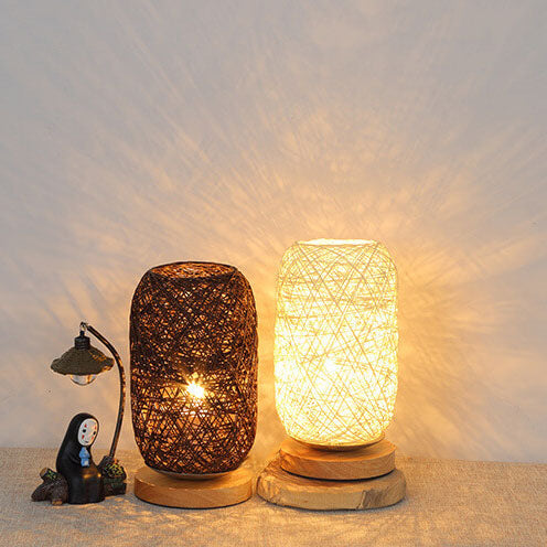 Lampe de Table en Rotin et Bois, Style Industriel Japandi