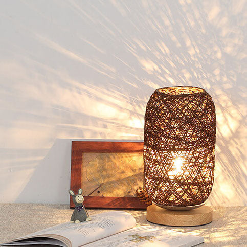 Lampe de Table en Rotin et Bois, Style Industriel Japandi