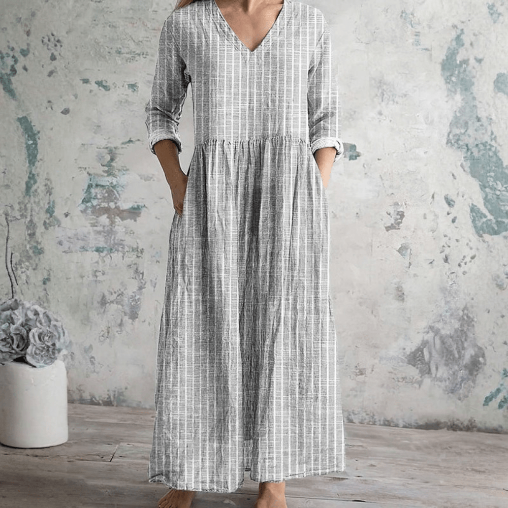 Robe Femme Rayée Col V à Manches Longues