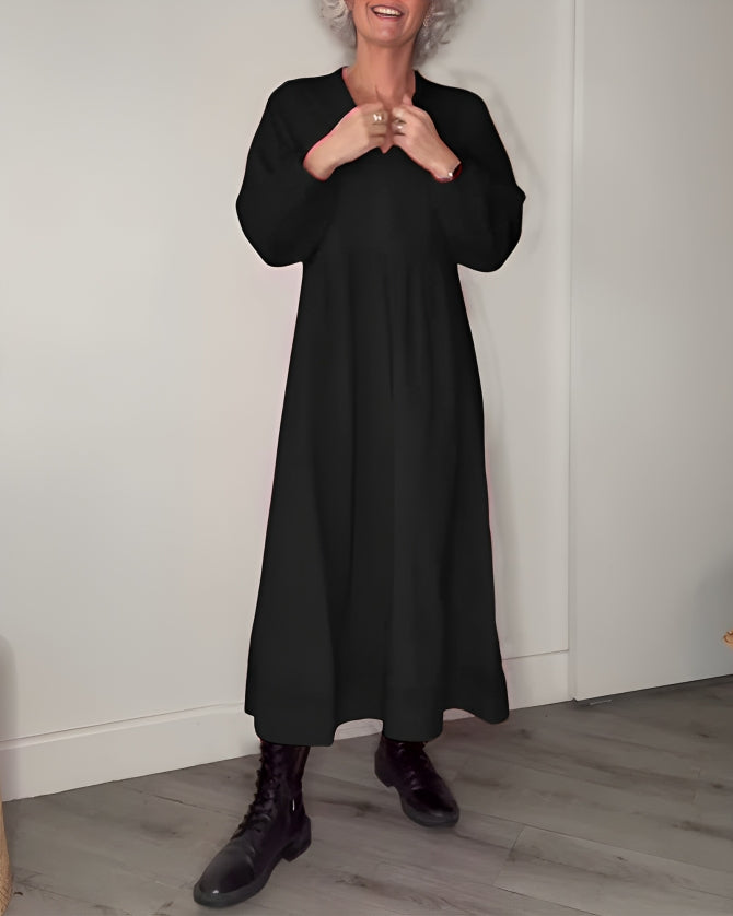 Robe Longue Femme Col V - Manches Longues en Coton