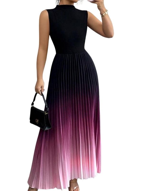 Robe Longue Plissée Femme, Col Montant Sans Manches
