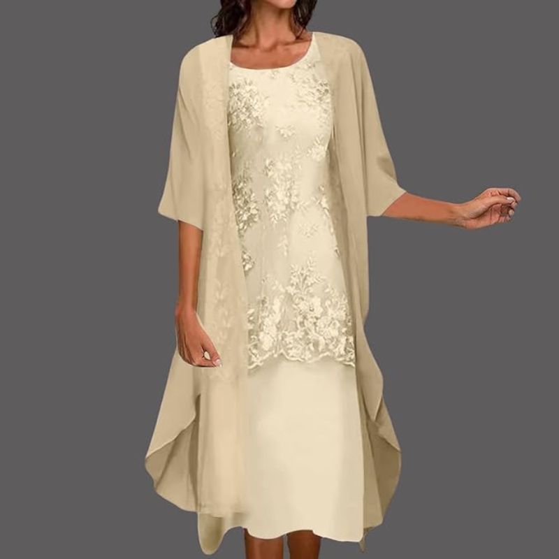 Robe Midi Dentelle Femme avec Gilet Chiffon Mariage