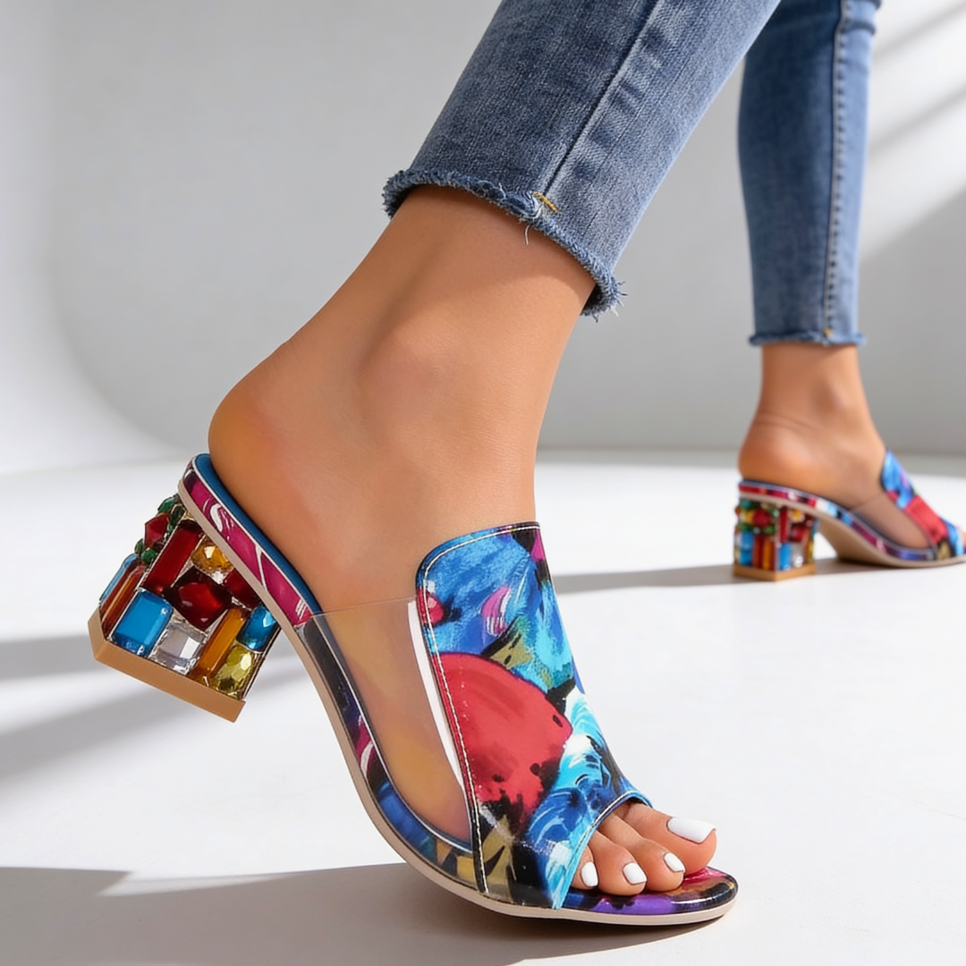 Mules Talon Bijou Femme - Talon Bloc Strass Multicolore