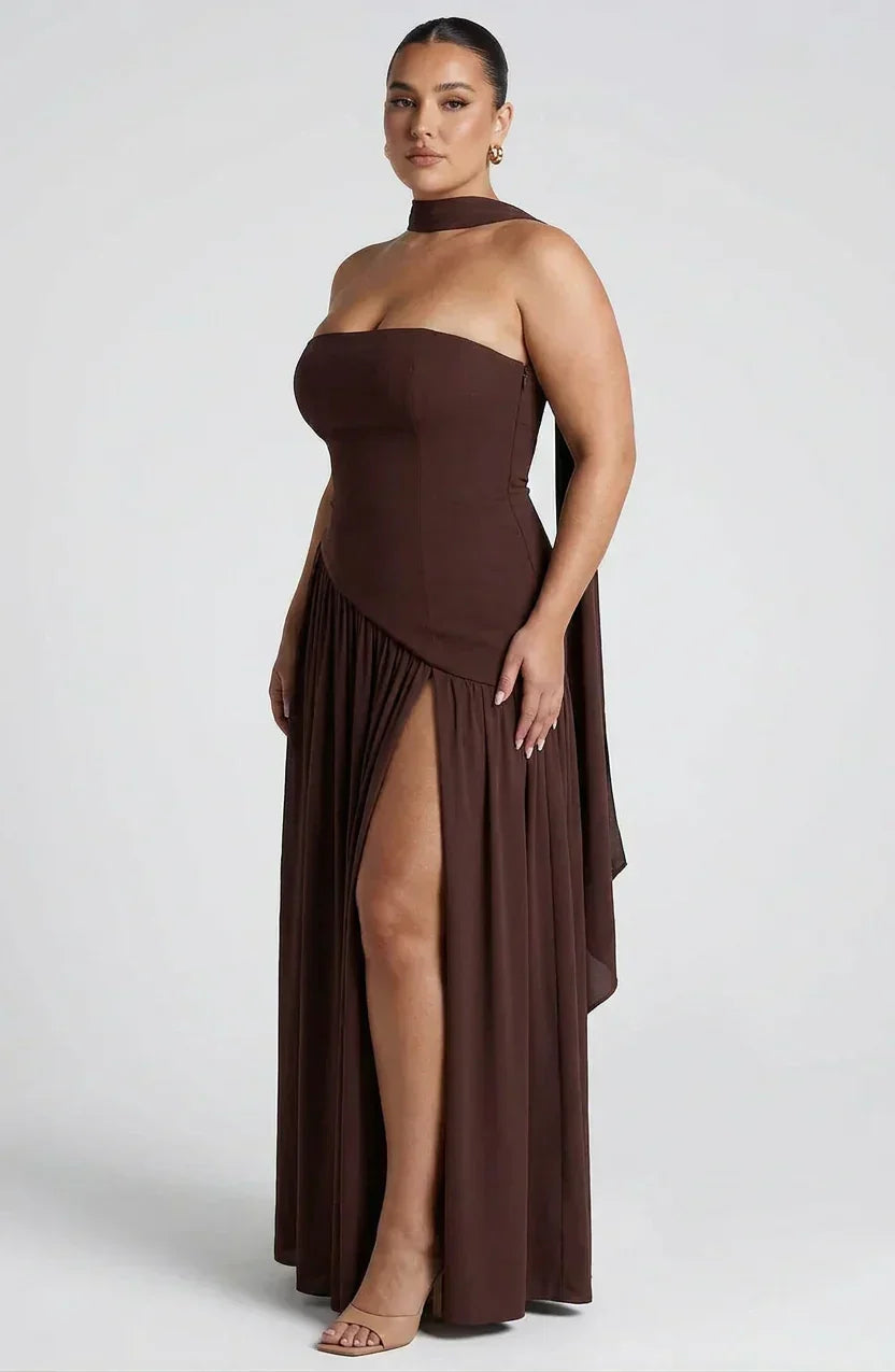 Robe Longue Bustier Noire et Blanche à Fente Asymétrique
