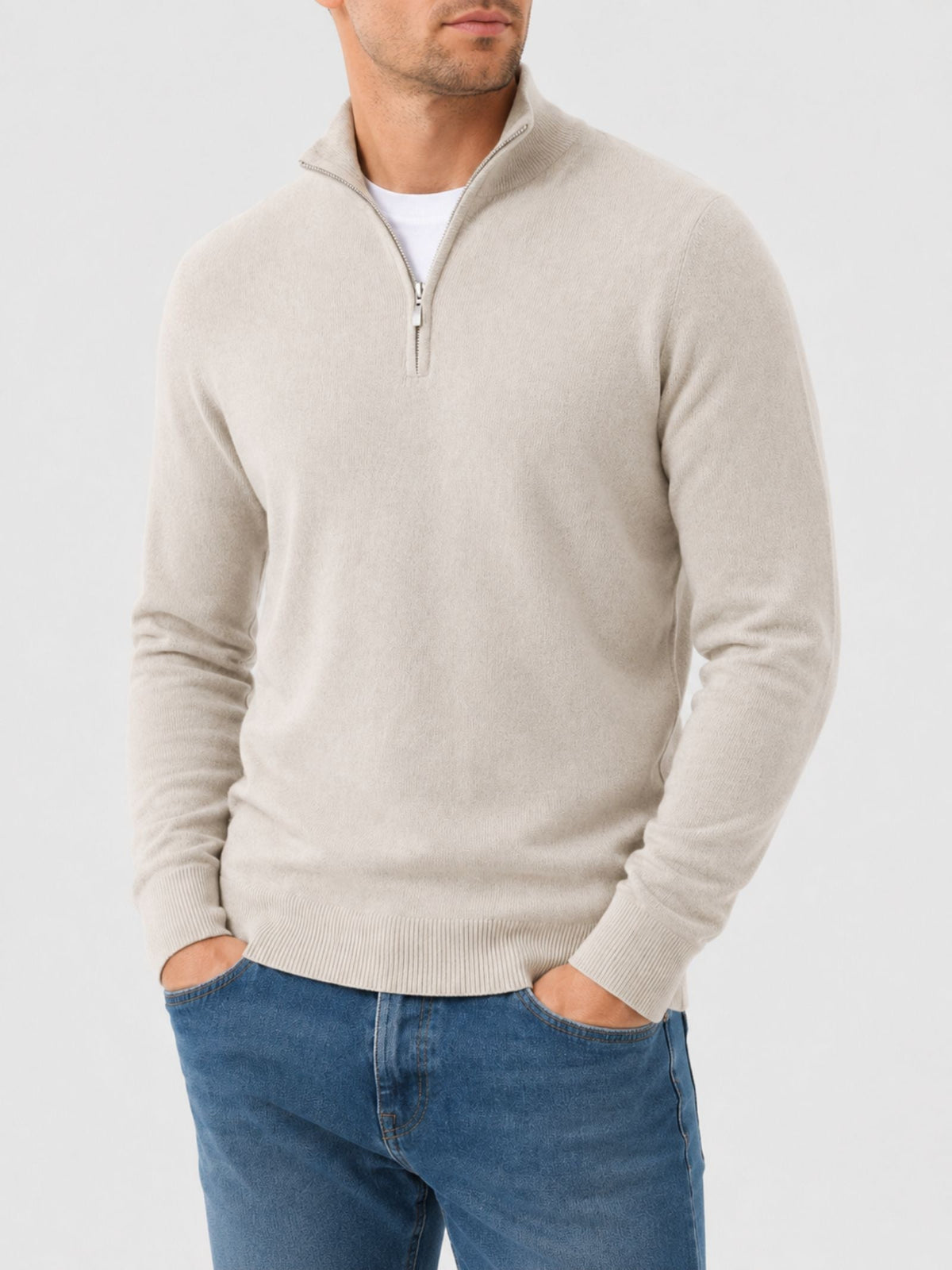 Pull Homme Col Montant Zippé à Finitions Côtelées