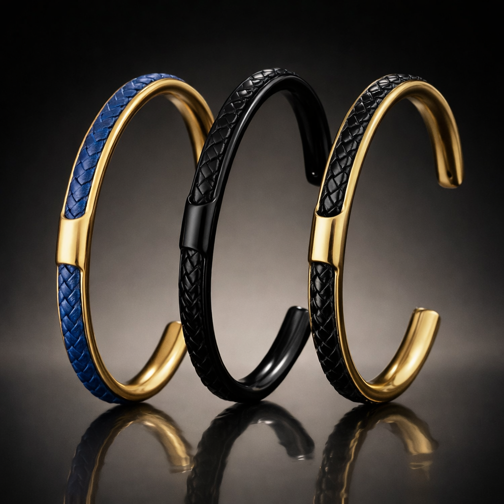 Bracelet Homme Manchette Acier Inoxydable et Cuir Tressé