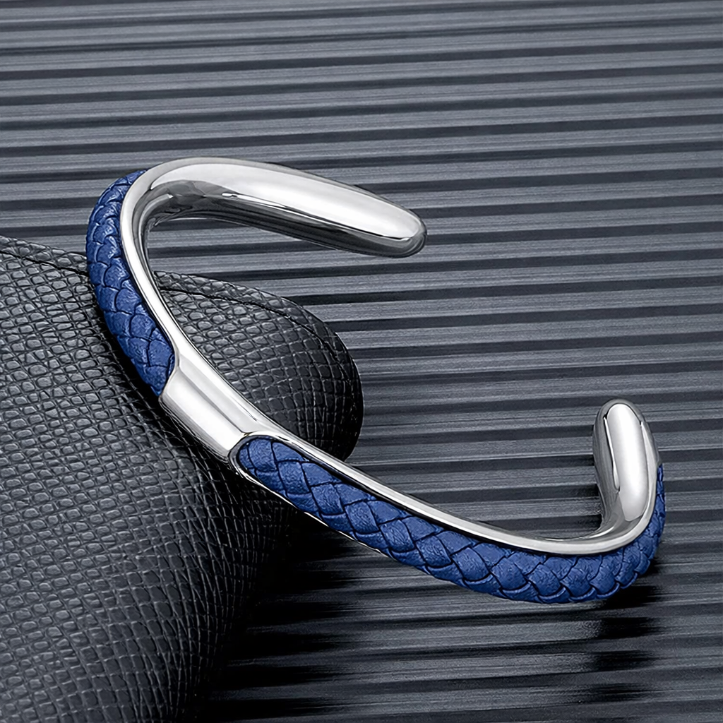Bracelet Homme Manchette Acier Inoxydable et Cuir Tressé