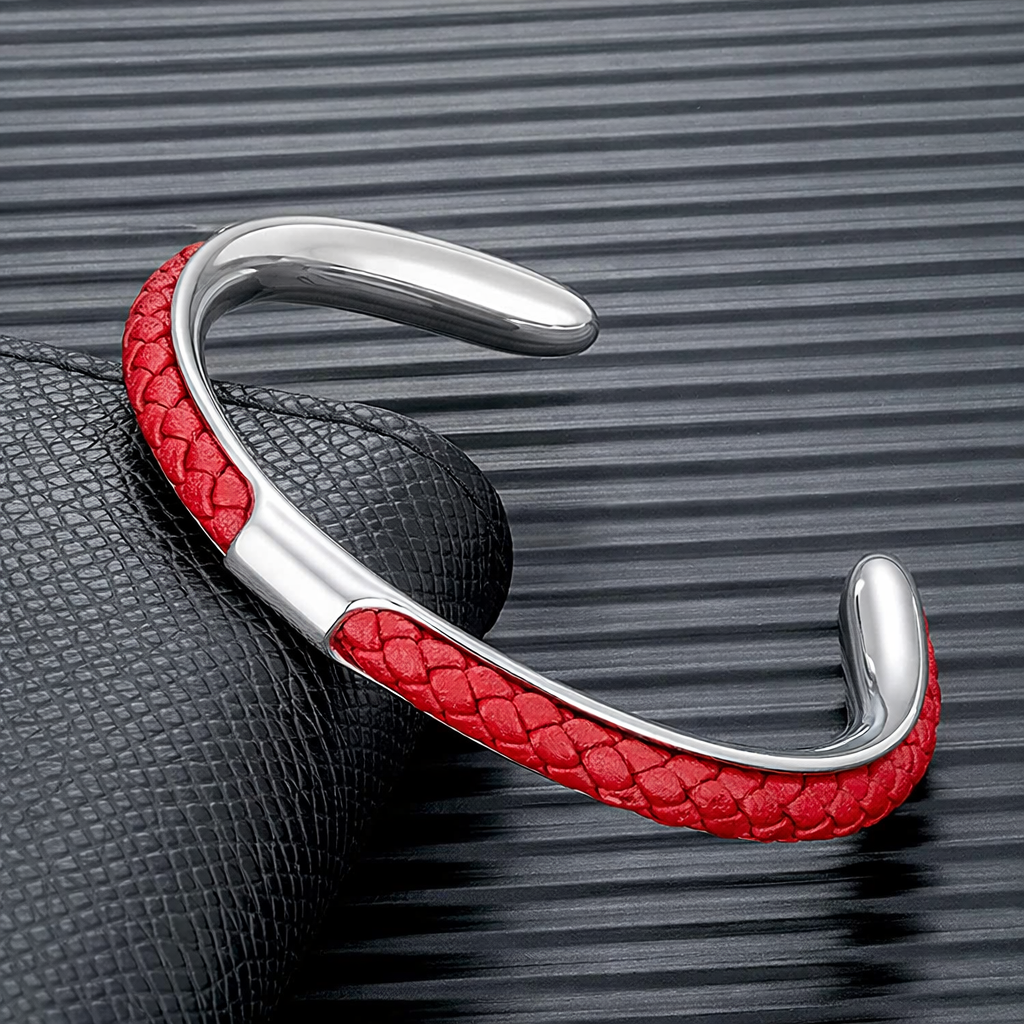 Bracelet Homme Manchette Acier Inoxydable et Cuir Tressé