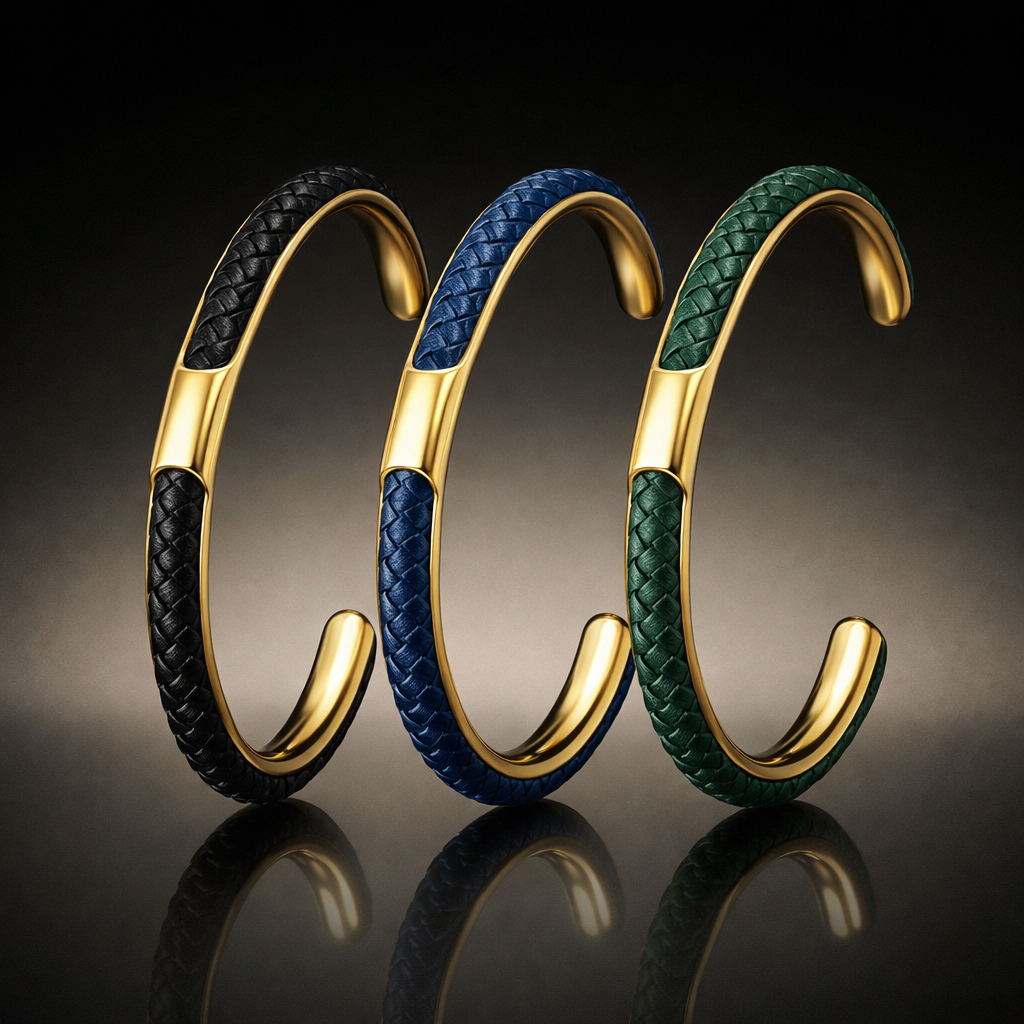 Bracelet Homme Manchette Acier Inoxydable et Cuir Tressé