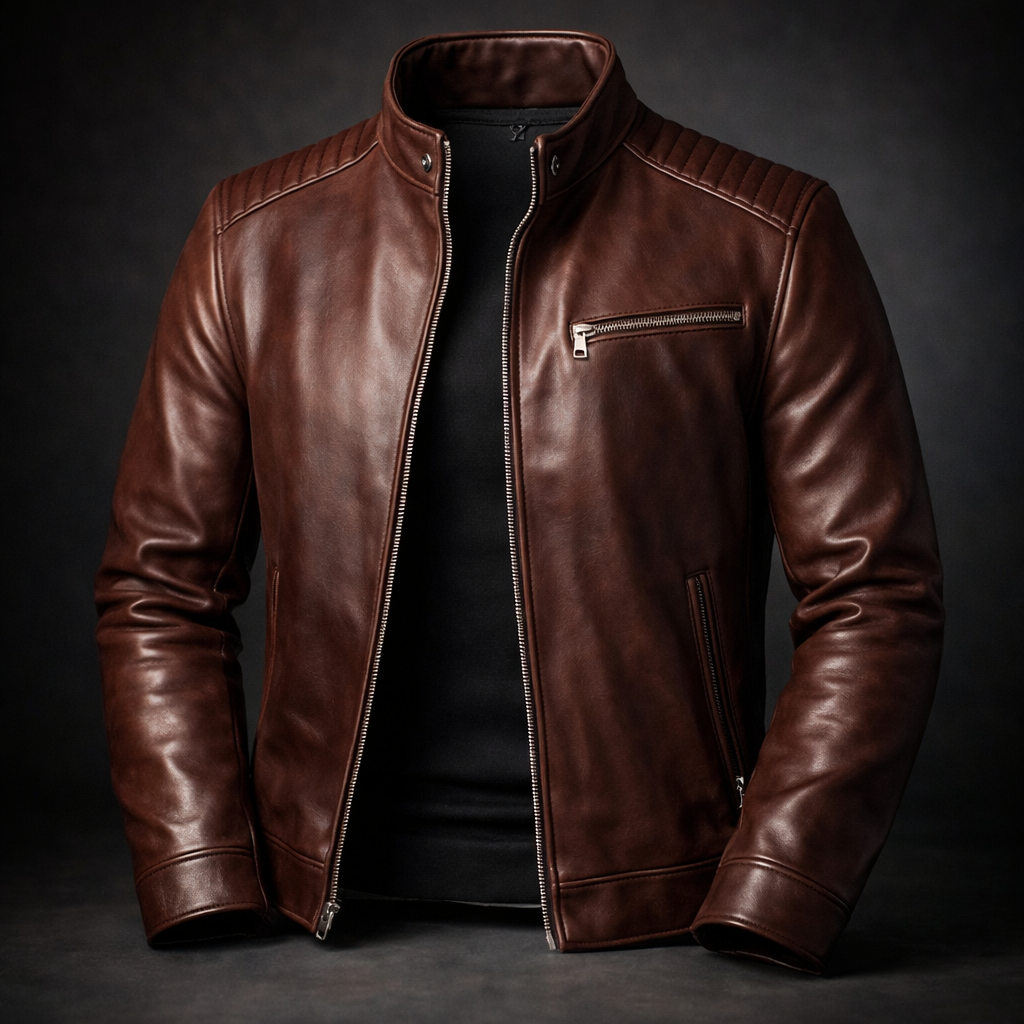 Veste en Cuir Homme Zippée Finition Brunie