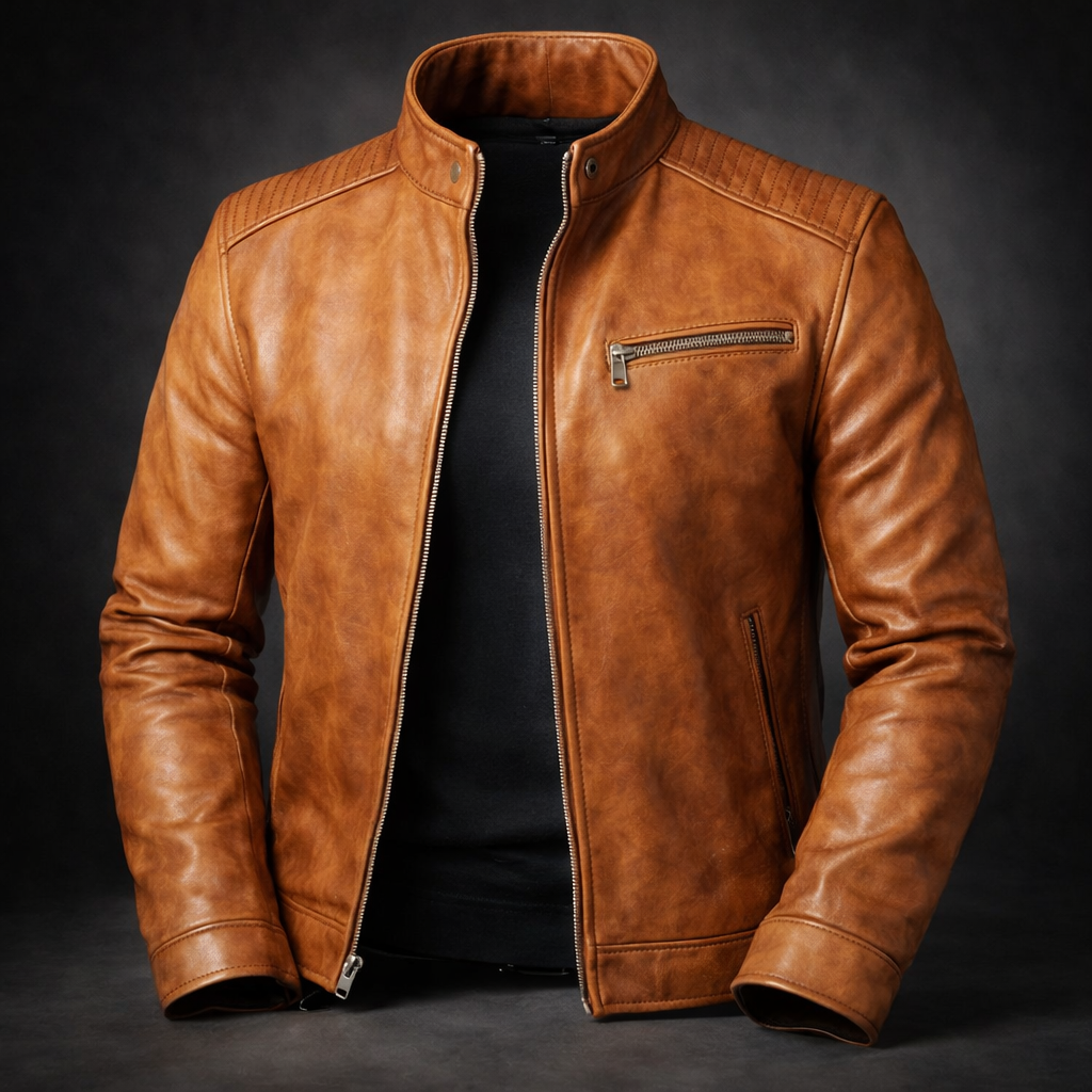 Veste en Cuir Homme Zippée Finition Brunie