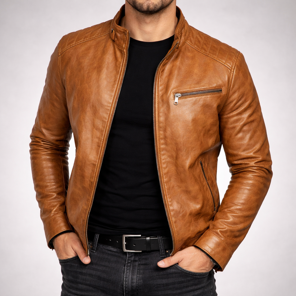 Veste en Cuir Homme Zippée Finition Brunie