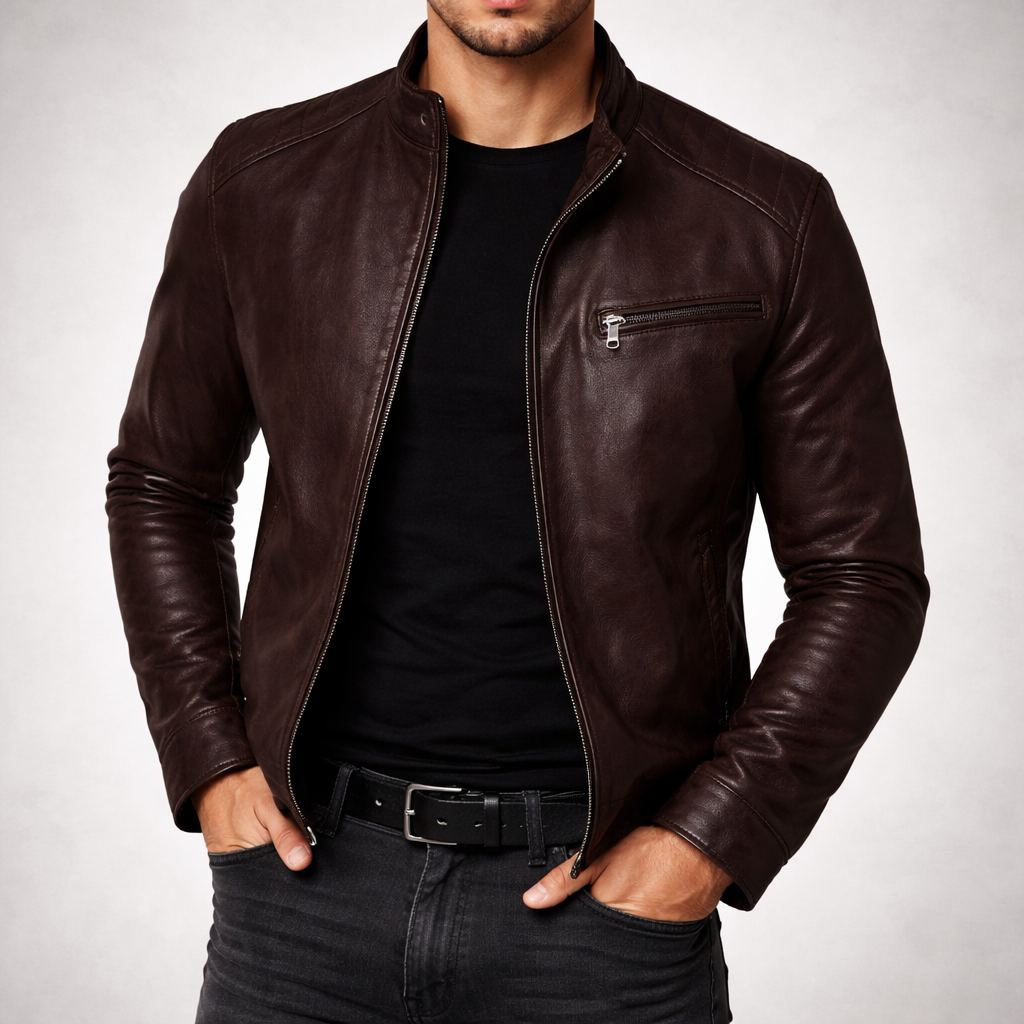 Veste en Cuir Homme Zippée Finition Brunie
