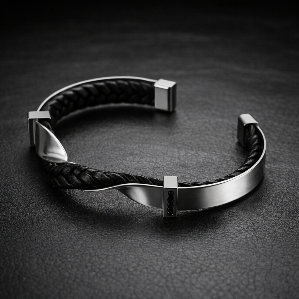 Bracelet Homme Manchette en Cuir Tressé et Acier Inoxydable