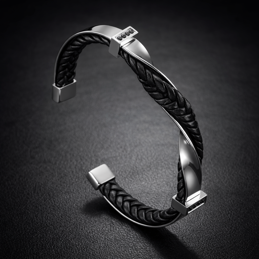 Bracelet Homme Manchette en Cuir Tressé et Acier Inoxydable