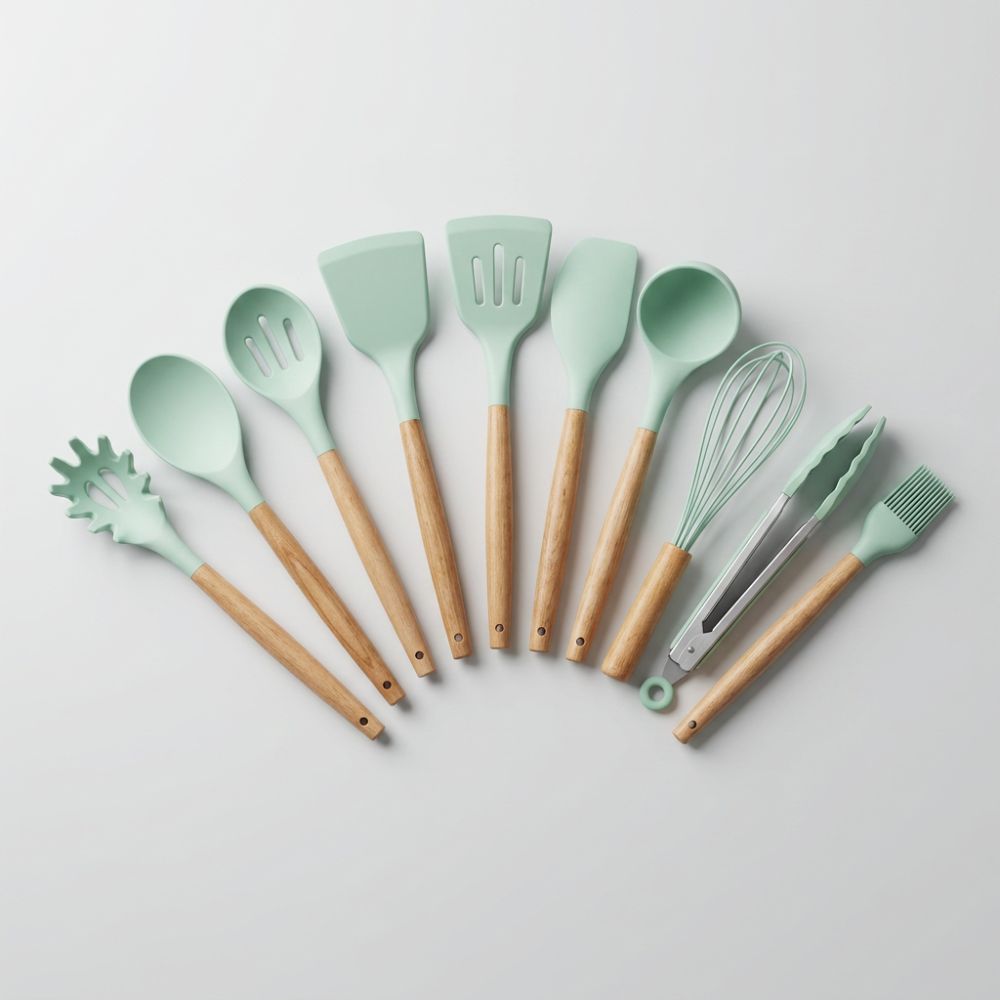 Set d'Ustensiles de Cuisine en Silicone et Bois
