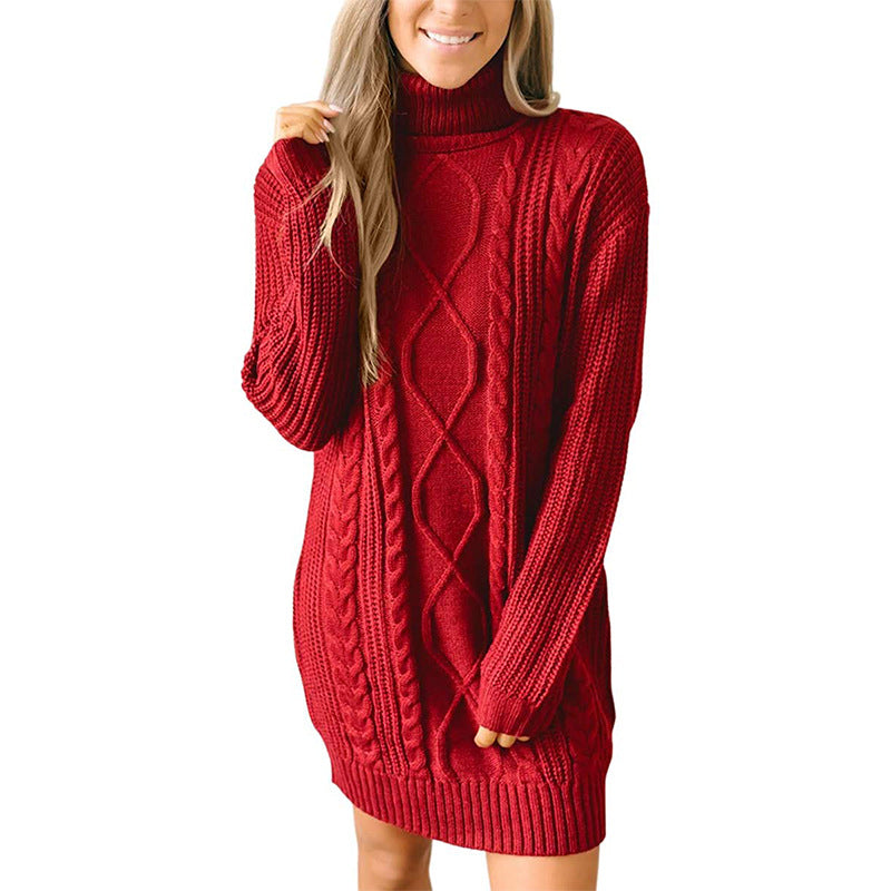 Robe Pull Femme Col Roulé Maille Torsadée