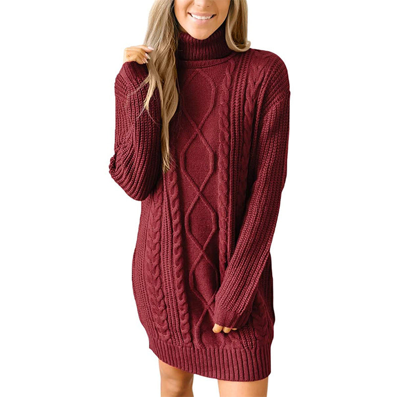 Robe Pull Femme Col Roulé Maille Torsadée