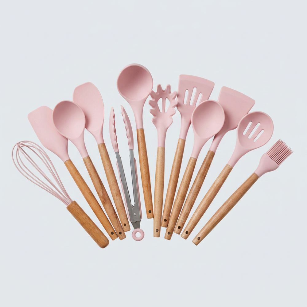 Set d'Ustensiles de Cuisine en Silicone et Bois