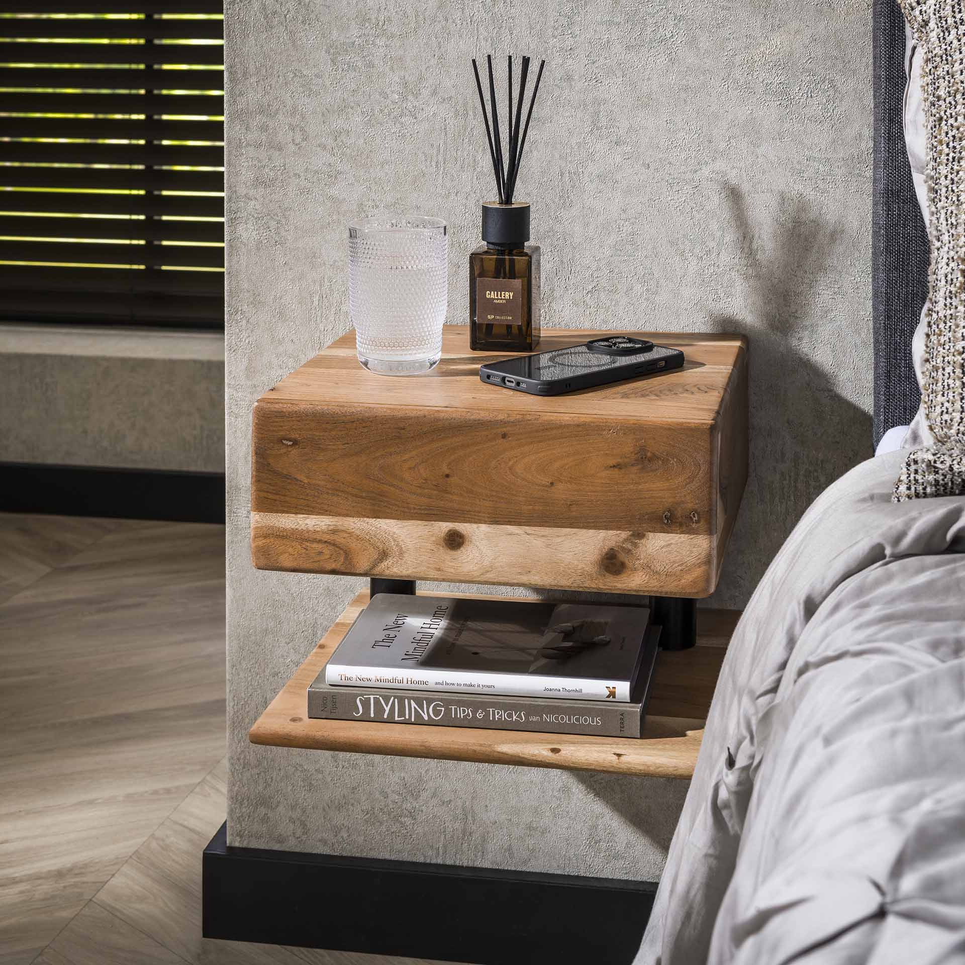 Floating Nightstand – Acacia Wood with Drawer and Open Shelf for Bedroom Decor