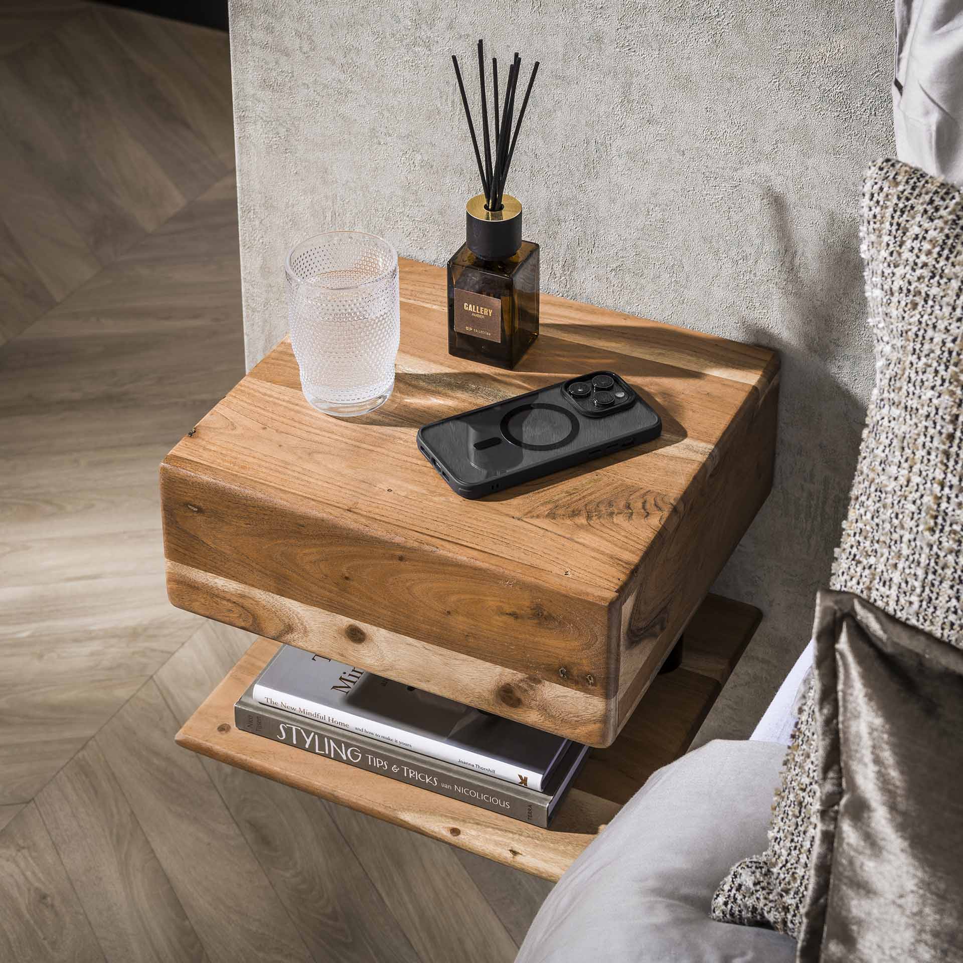 Floating Nightstand – Acacia Wood with Drawer and Open Shelf for Bedroom Decor