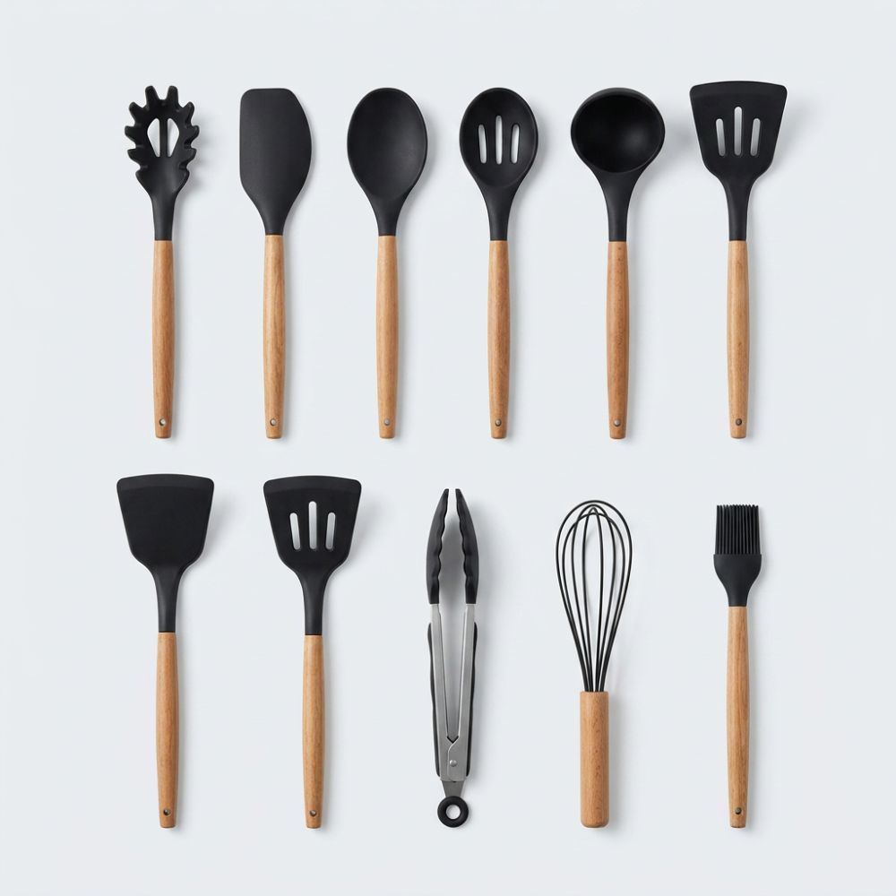 Set d'Ustensiles de Cuisine en Silicone et Bois