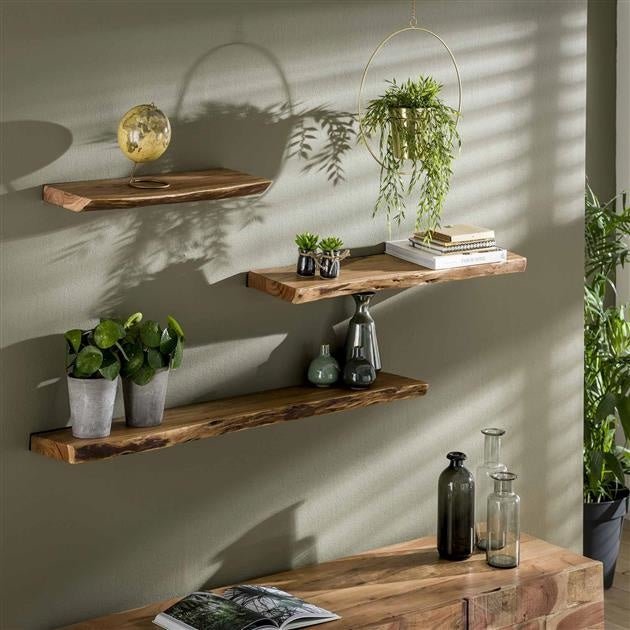 Wall Shelf – Acacia Wood with Tree-Trunk Finish, Industrial Design for the Living Room or Bedroom