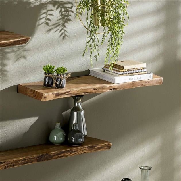 Wall Shelf – Acacia Wood with Tree-Trunk Finish, Industrial Design for the Living Room or Bedroom