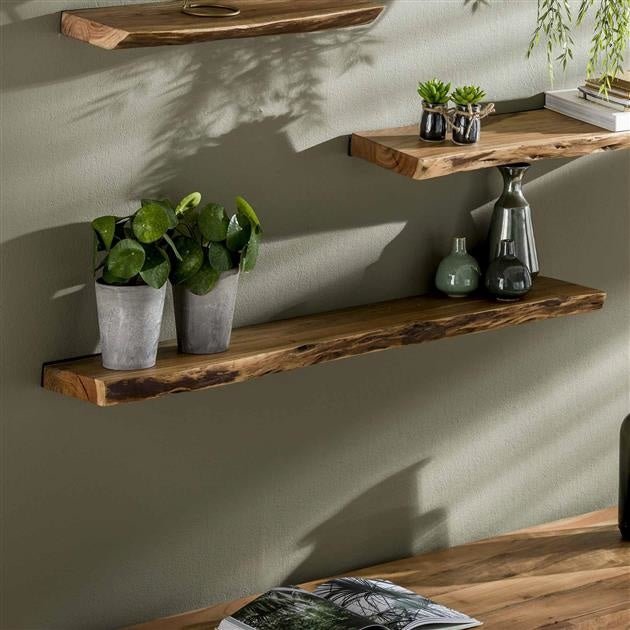 Wall Shelf – Acacia Wood with Tree-Trunk Finish, Industrial Design for the Living Room or Bedroom