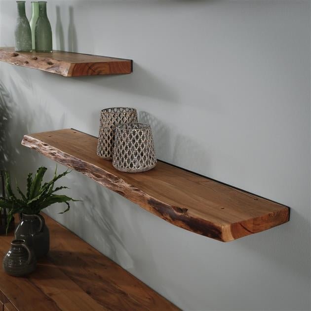 Wall Shelf – Acacia Wood with Tree-Trunk Finish, Industrial Design for the Living Room or Bedroom