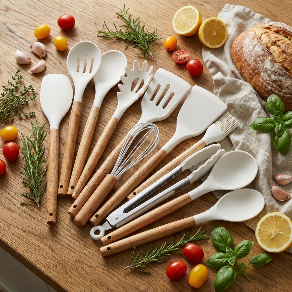 Set d'Ustensiles de Cuisine en Silicone et Bois