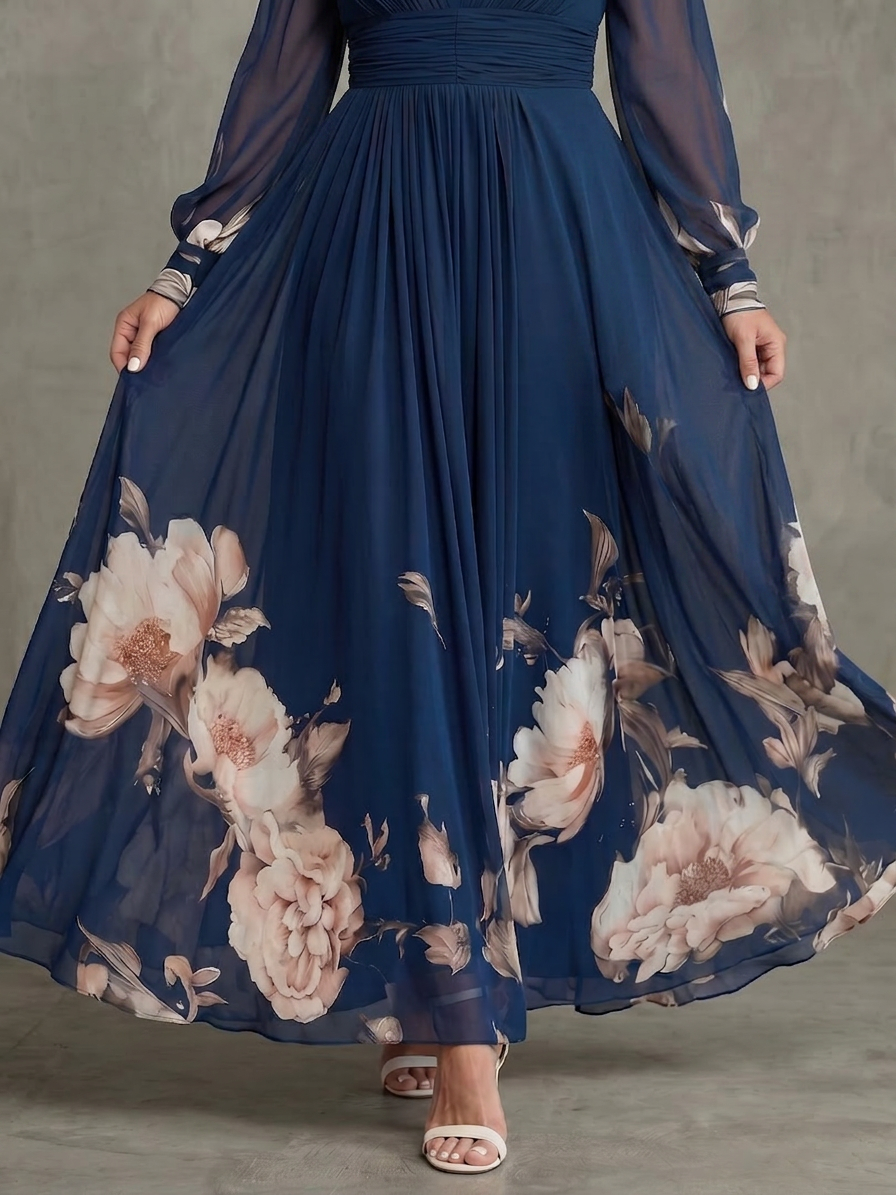 Robe Longue Femme Plissée à Manches Transparentes, Bleu Marine