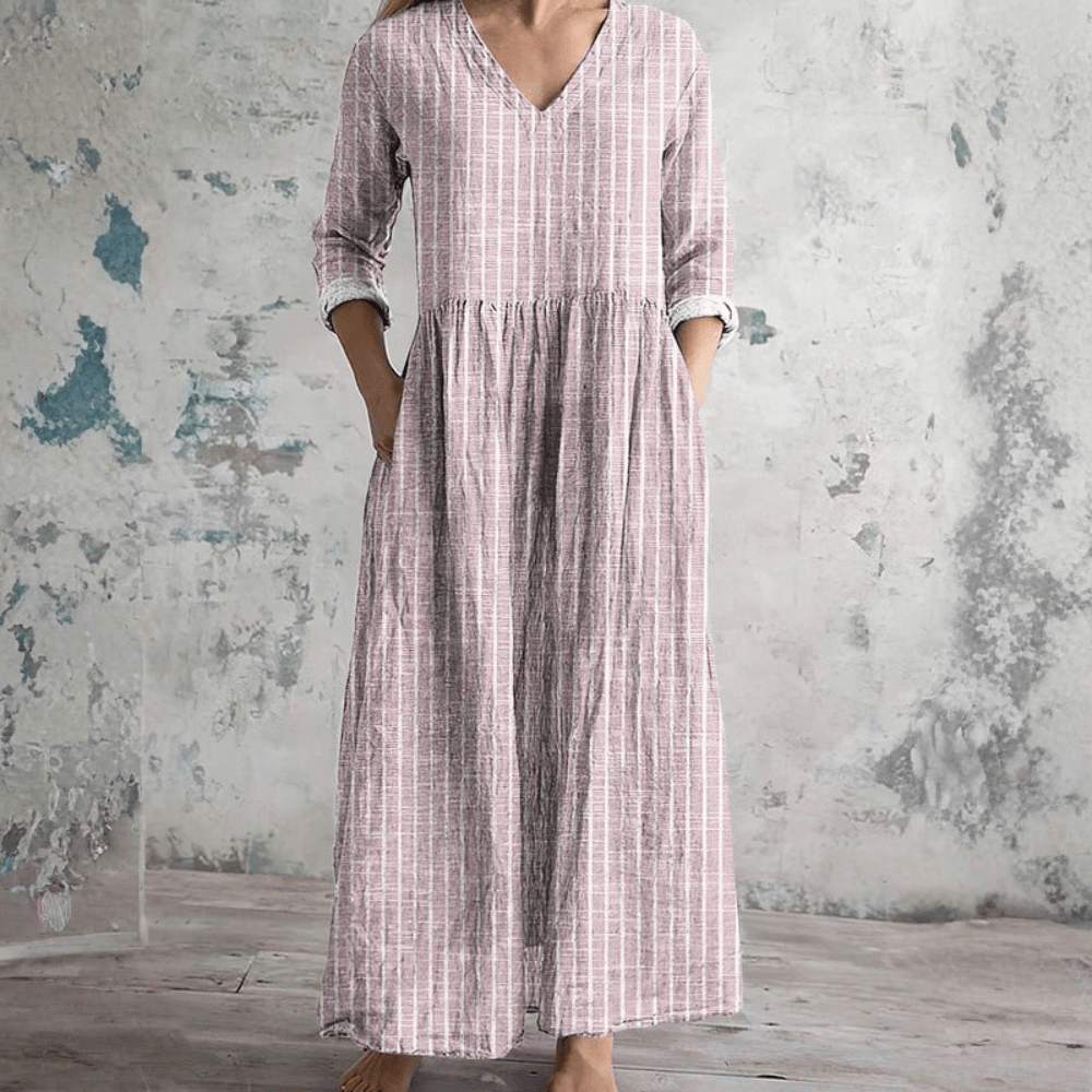 Robe Femme Rayée Col V à Manches Longues