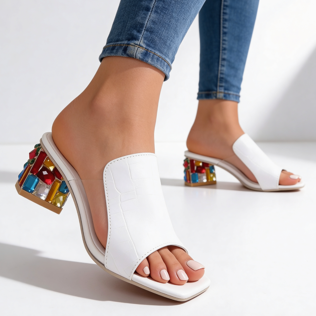 Mules Talon Bijou Femme - Talon Bloc Strass Multicolore