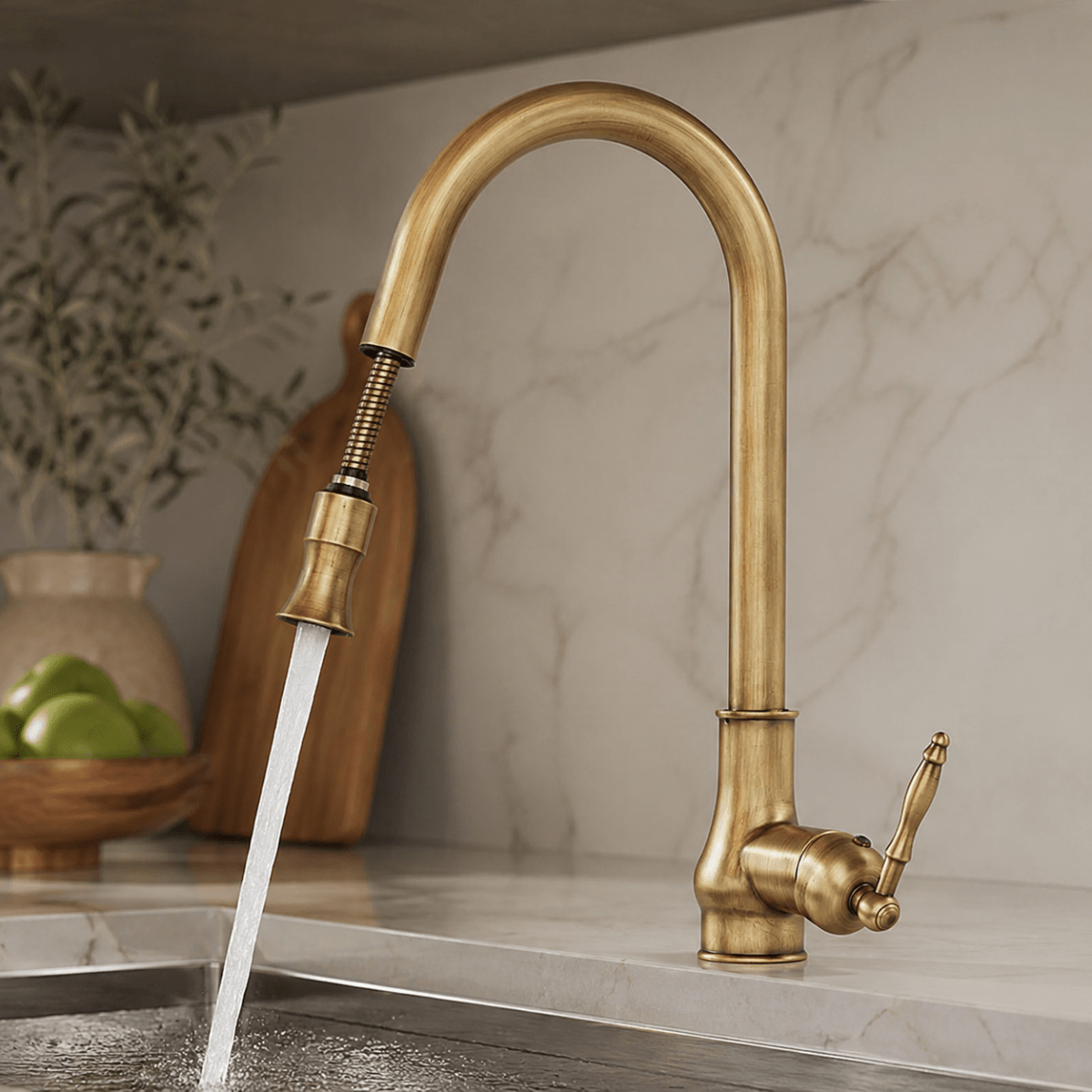 Robinet de Cuisine Extractible en Laiton Massif – Finition Bronze Antique