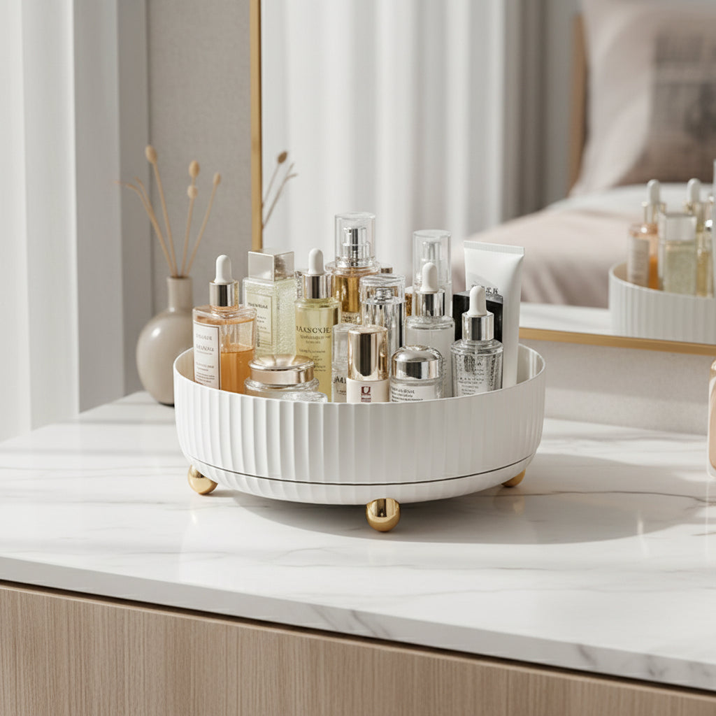 360° Rotating Organizer – White, Space-Saving Rotating Tray for the Kitchen, Bathroom, or Office