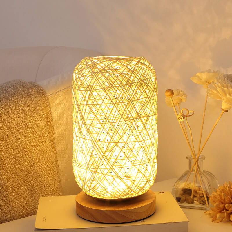Lampe de Table en Rotin et Bois, Style Industriel Japandi
