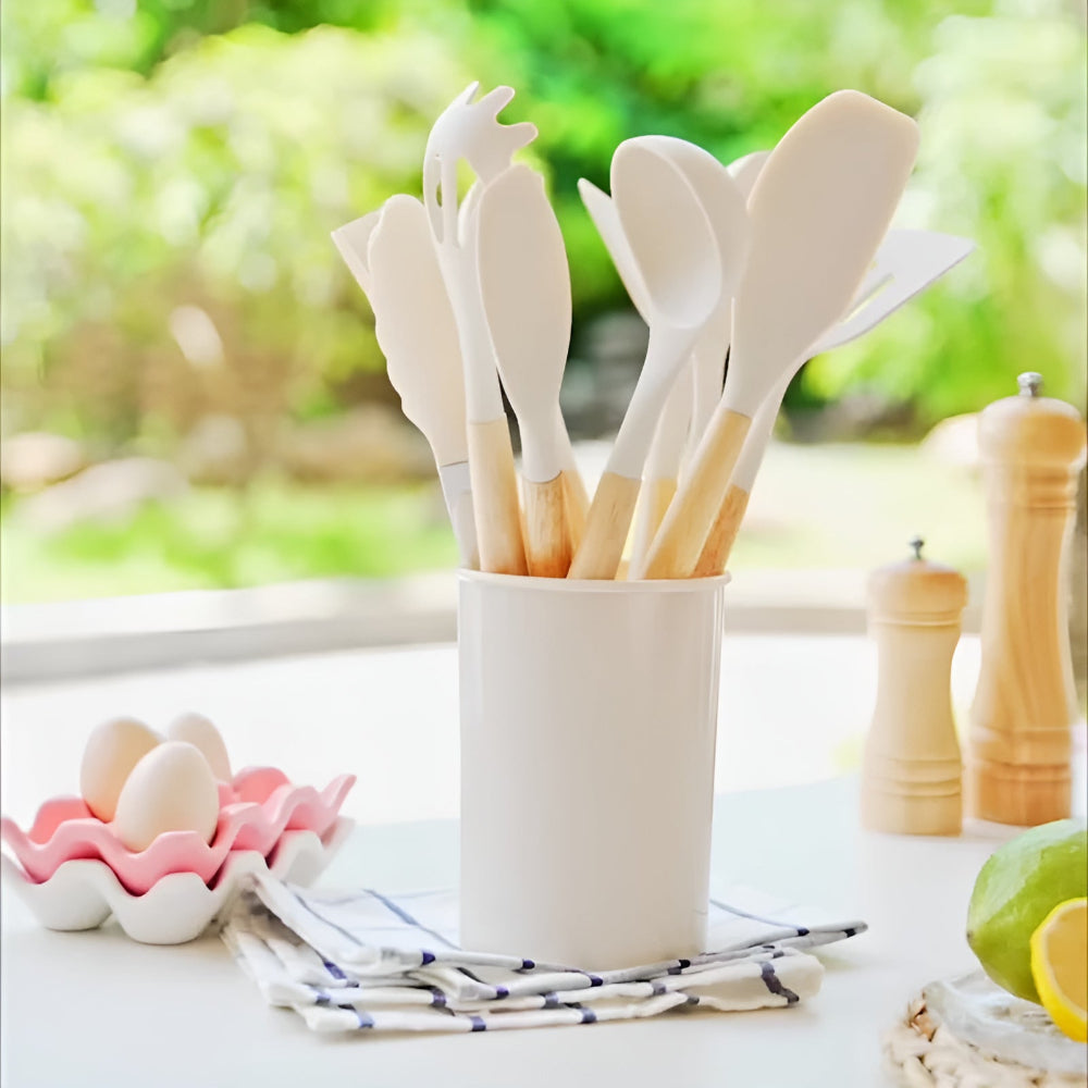 Ensemble d’ustensiles de cuisine en silicone – Sans BPA, résistant à la chaleur avec manches en bois pour cuisiner et pâtisser