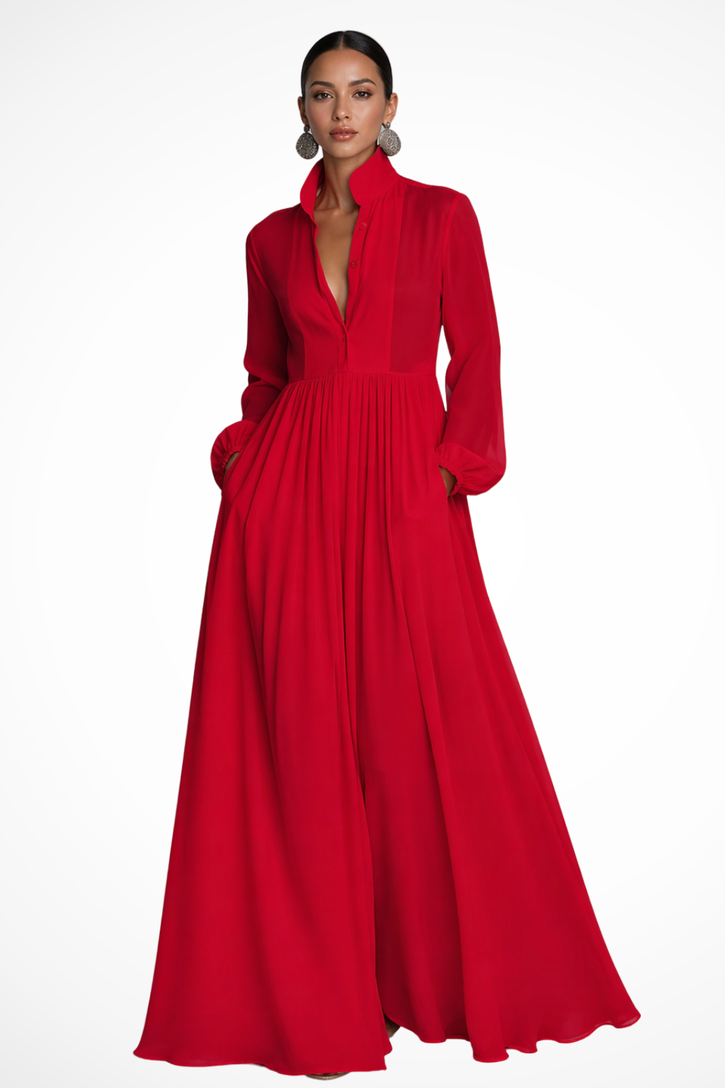 Robe Longue Femme Manches Longues Boutonnée avec Poches