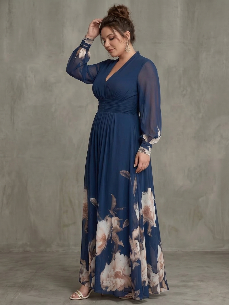 Robe Longue Femme Plissée à Manches Transparentes, Bleu Marine