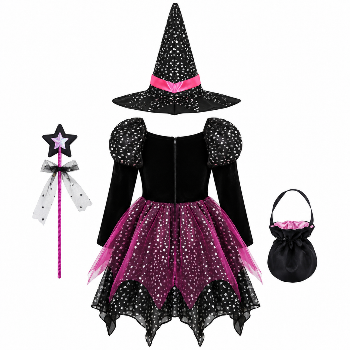 Girls 4-piece witch costume set, treat bag detail