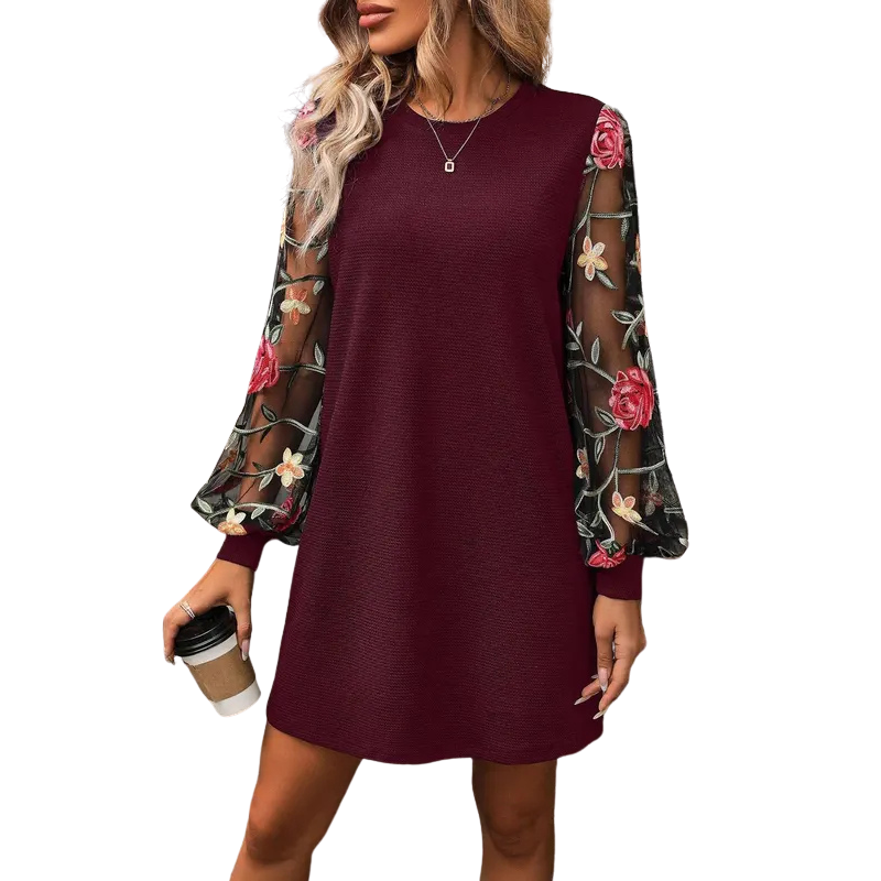 Robe Courte Femme Manches Longues Brodées, Poignets Côtelés