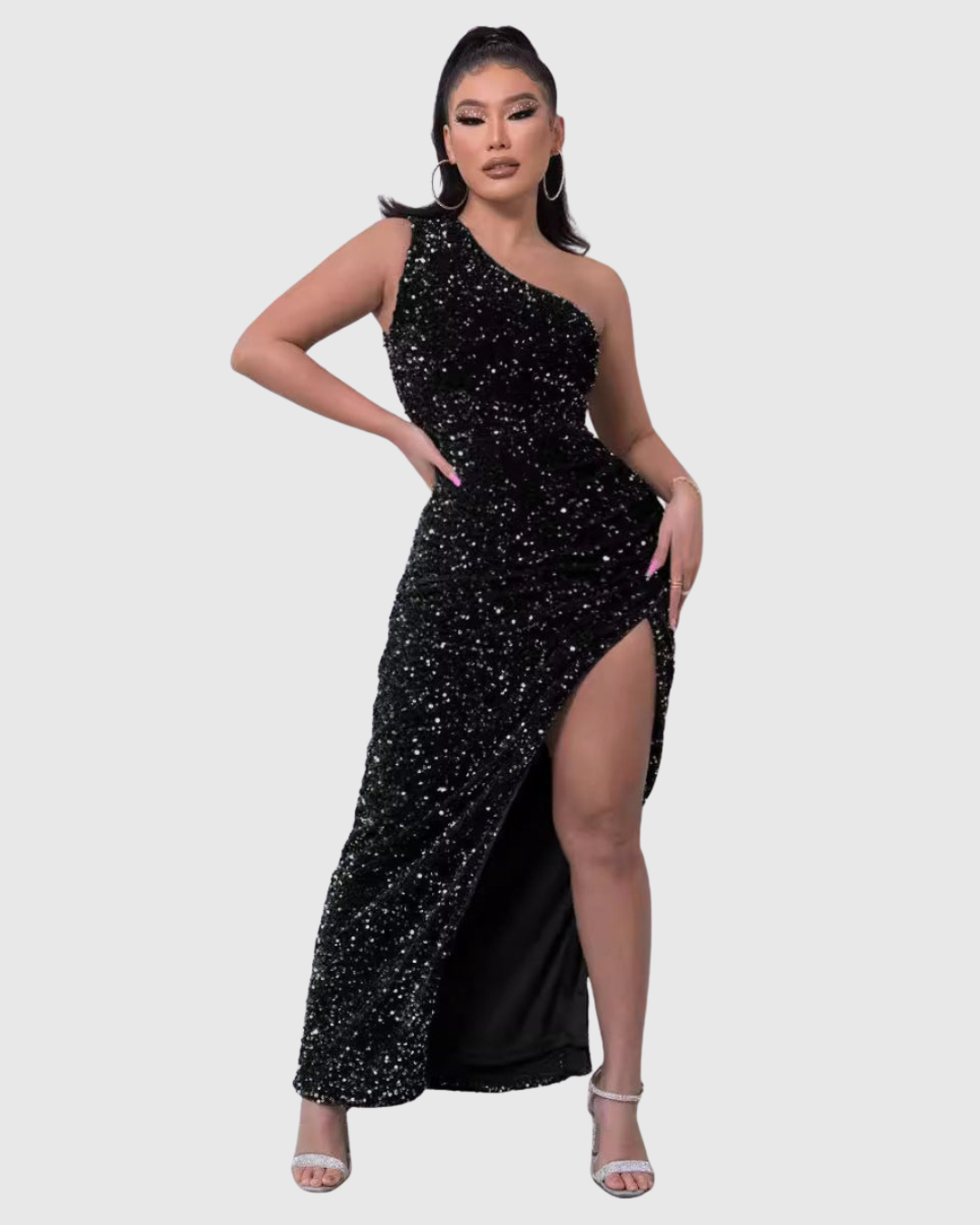 Robe de Soirée Asymétrique à Sequins Fendue Longue