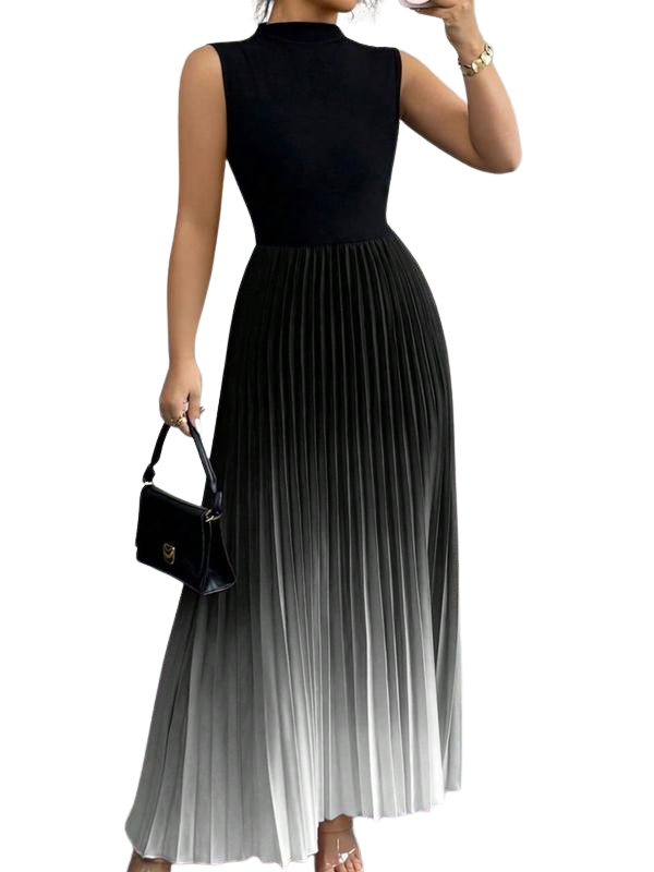 Robe Longue Plissée Femme, Col Montant Sans Manches