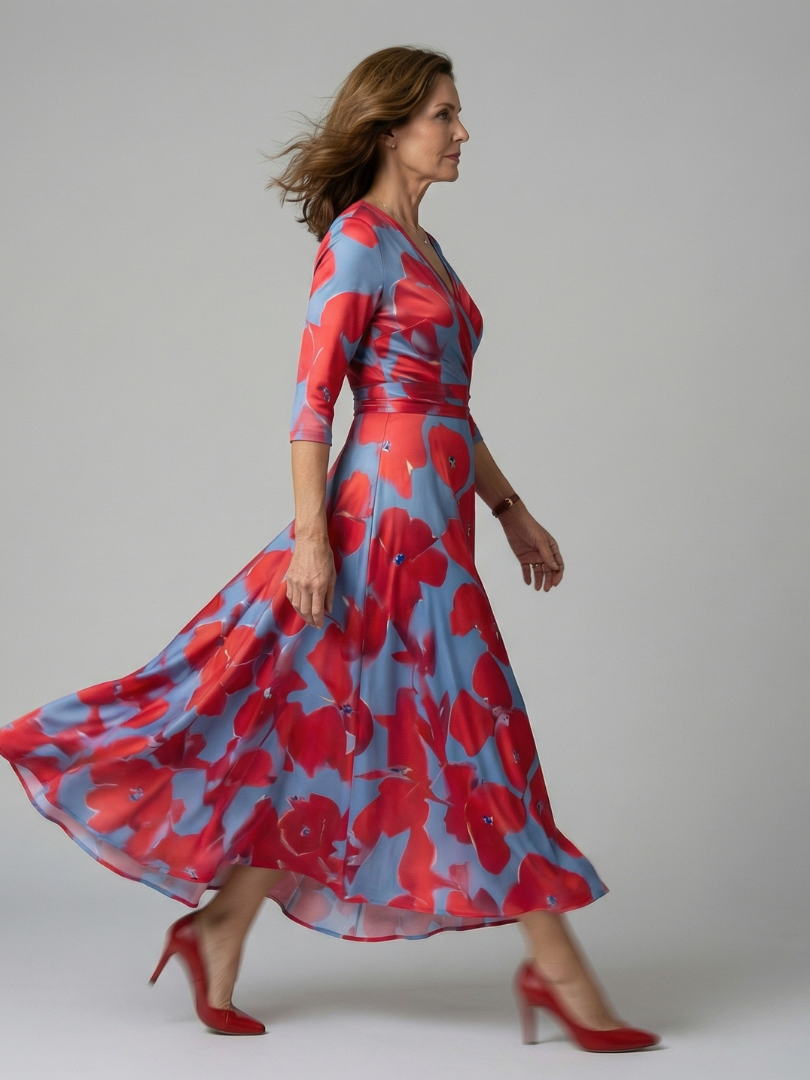 Robe Midi Cache-Cœur Fleurie Manches 3/4