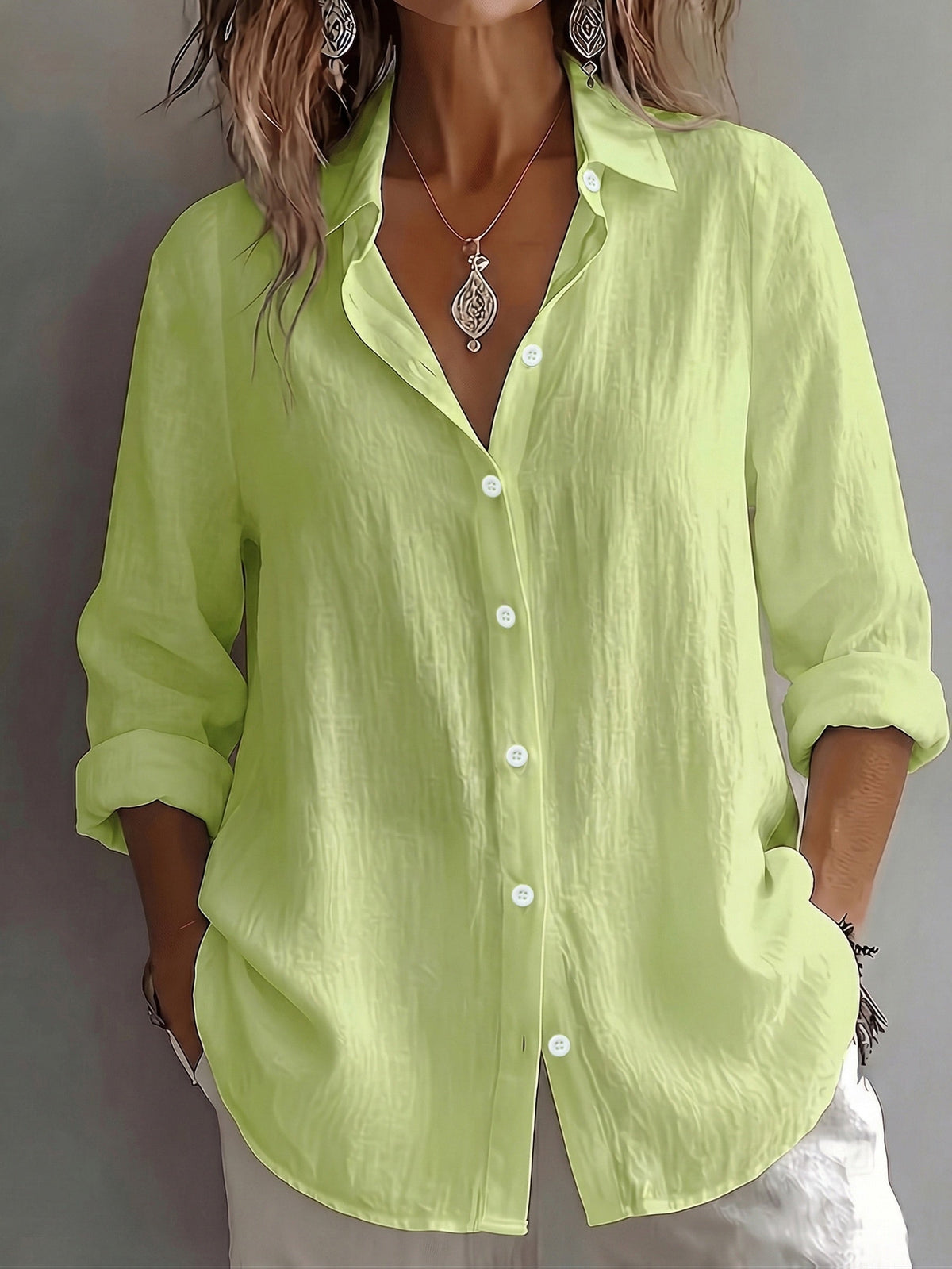 Chemise Femme en Lin à Col Revers et Manches Longues